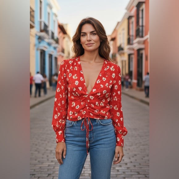 Long Sleeve Elegant Red Floral Women's Blouse - Picture 5 of 5